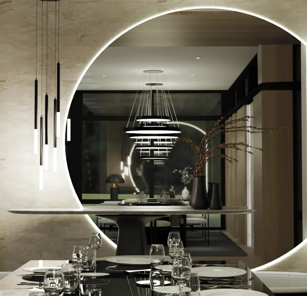 Design d'intérieur d'une grande salle à manger, réalisé par Ambria Design, studio de design d'intérieur à Québec